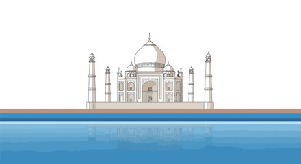 Obraz premium Serene vector illustration of the Taj Mahal reflecting gracefully over water ripples minimal style