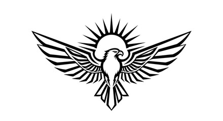 Majestic eagle soars beneath a radiant sun, powerful symbol of freedom and vision, black and white