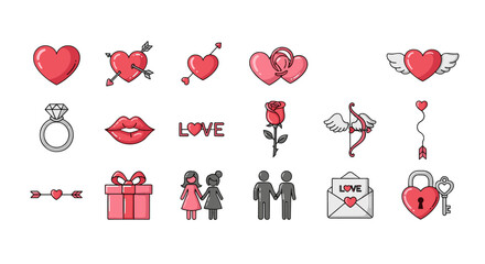 Collection of Valentine's Day icons and symbols, including hearts, rings, lips, roses, Cupid's bow, gifts, couples, love letters, and heart-shaped locks and keys, rendered in a flat, modern style