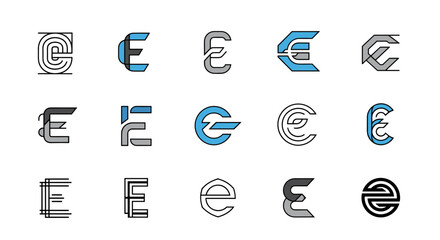 Collection of stylized letter E logos and icons in various modern designs, featuring geometric shapes, abstract lines, and a color palette of blue, grey, and white, perfect for branding and