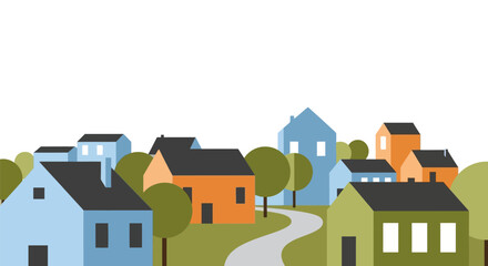 Stylized village landscape with colorful geometric houses and winding road illustration