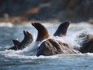 Fototapeta premium Sea lions playfully breaching waves near rocks. Captures marine wildlife, strength, and natures beauty. Ideal for oceanography, travel, or conservation projects.