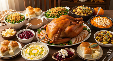 Abundant Thanksgiving feast showcases golden roasted turkey, creamy mashed potatoes, savory stuffing, sweet cranberry sauce, and fresh dinner rolls, inviting warm gatherings