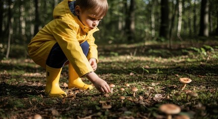 Young child picking mushrooms in forest wearing yellow raincoat  
