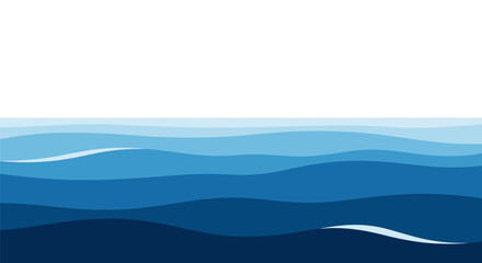 Stylized ocean waves illustration in varying shades of blue with white blank space