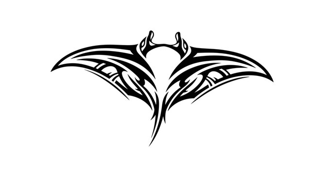 Abstract tribal manta ray illustration in black and white tattoo style design element