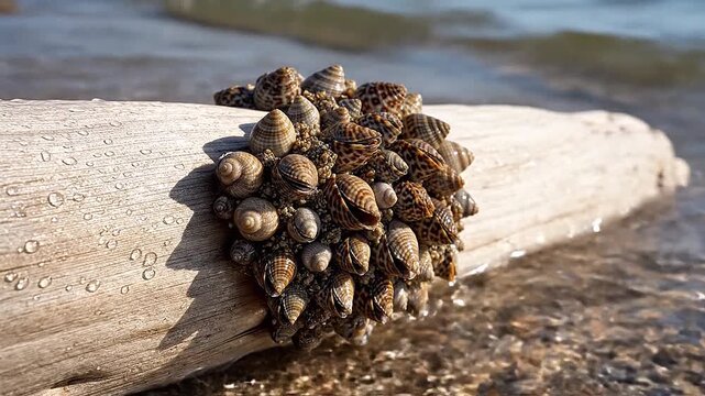 On a piece of driftwood, a colony of tiny limpets is firmly attached.