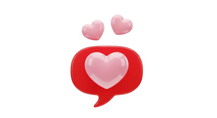 Red speech bubble with pink heart and floating hearts