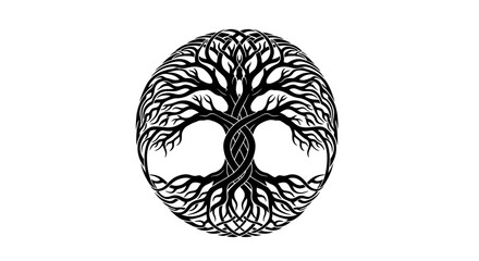 Intricate tree of life illustration featuring interconnected branches within circular boundary