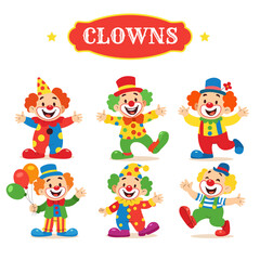 A colorful set of six cheerful circus clowns in playful poses. Perfect for children’s designs, party invitations, posters, and entertainment-themed illustrations. © Anna