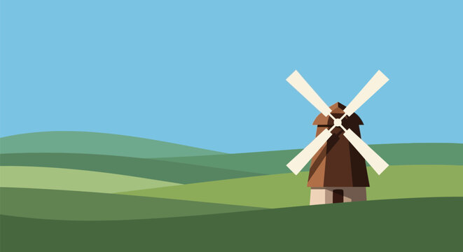 Stylized windmill landscape illustration with vibrant greens and blues simple country scene rural