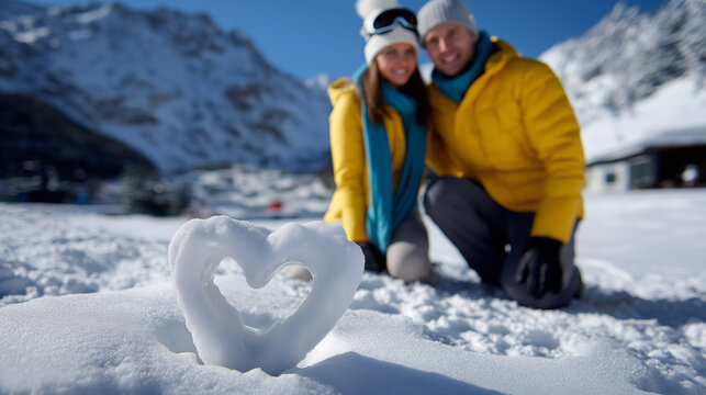 Defocused romantic couple with sharp focused heart shape sculpted in pristine snow at mountain resort, with copy space