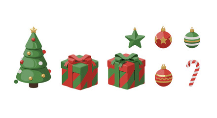Festive 3D Christmas Icons Set: A vibrant collection featuring a decorated Christmas tree, wrapped gift boxes with ribbons, star ornaments, baubles, and a candy cane, all rendered in a charming