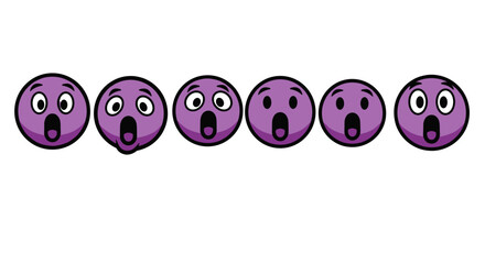 A row of six purple cartoon faces with wide-open mouths and surprised expressions, set against a stark black background, conveying shock, awe, or astonishment in a simple, graphic style.