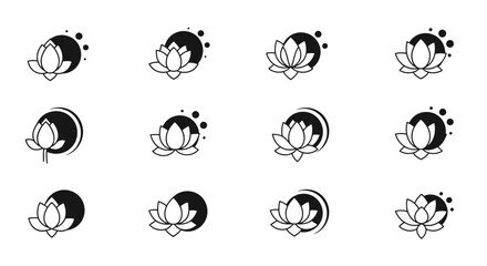 A collection of twelve minimalist lotus flower icons, presented in a clean, modern line art style with a subtle gradient effect, set against a deep black background, evoking themes of purity