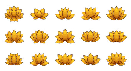 Collection of fifteen golden lotus flowers, each with detailed petals and a subtle gradient, arranged in a three-by-five grid against a stark black background, symbolizing purity, enlightenment, and