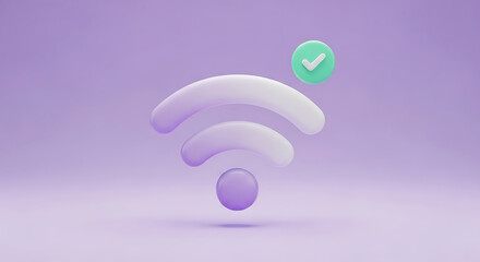 3d rendered wi fi symbol with a green checkmark on a purple background