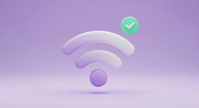3d rendered wi fi symbol with a green checkmark on a purple background - Powered by Adobe