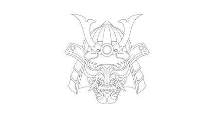 Detailed line art illustration of a traditional samurai helmet and mask design