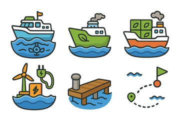 Collection of eco-friendly boats and marine icons in a cartoon style