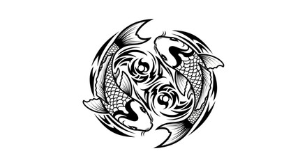 Elegant koi fish symbol in swirling tribal design represents balance and harmony