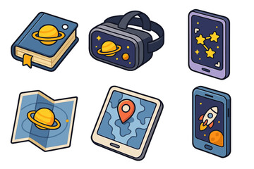 Space-themed digital icons of gadgets and books featuring planets and stars