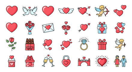 Collection of Valentine's Day icons in a flat design style, featuring romantic symbols like hearts, roses, cupids, doves, engagement rings, gift boxes, and champagne glasses, perfect for holiday