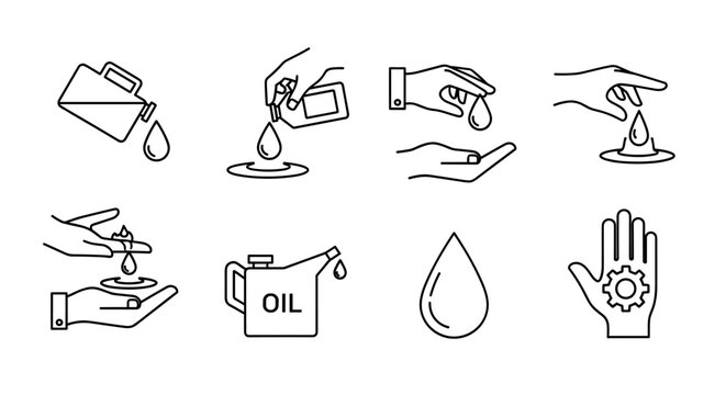 Collection of eight minimalist line art icons representing hand gestures and actions related to hygiene, cleanliness, and care, including pouring liquid, washing hands, and holding objects, perfect