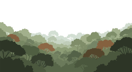 Misty canopy vista with verdant treetops against a clear white backdrop, showcasing nature's