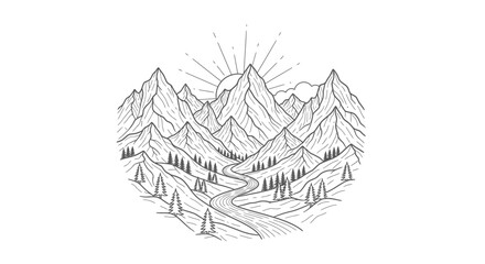 Serene mountain landscape illustration with winding river and radiant sunburst design