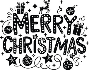 Merry Christmas typography with gifts, stars, and reindeer icons festive vector design
