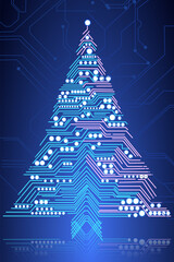 High-tech Christmas tree design created with glowing neon circuit lines and electronic board elements, symbolizing innovation, technology, and digital celebration for modern holiday themes.