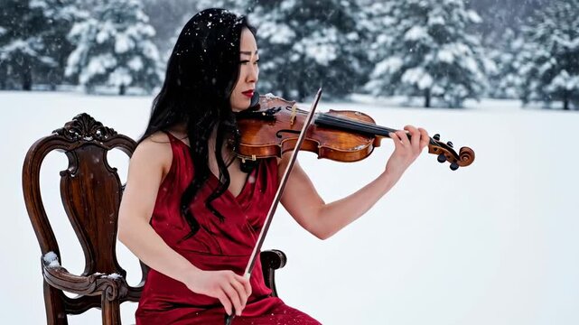 Violinist playing violin in the middle of the field in a snow. Dramatic classic music performance.