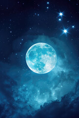 Obraz premium Glowing blue moon in a cloudy night sky with magical atmosphere