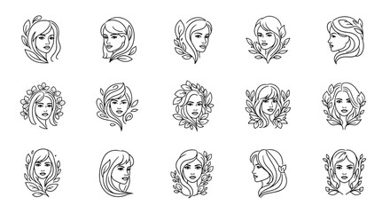 Collection of elegant line art illustrations of diverse female faces, each adorned with botanical elements like leaves and flowers, presented in a minimalist white outline style against a stark black