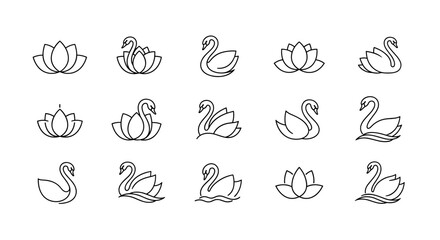 Elegant white line art icons of swans and lotus flowers on a black background, symbolizing grace, purity, and tranquility. This collection features various stylized designs of swans in profile and