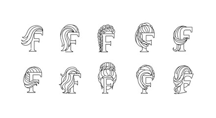 Collection of ten stylized letter F monograms, each adorned with intricate and diverse hairstyles, presented in a clean white outline against a stark black background, showcasing artistic typography