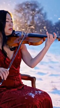 Violinist playing violin in the middle of the field in a snow. Dramatic classic music performance.