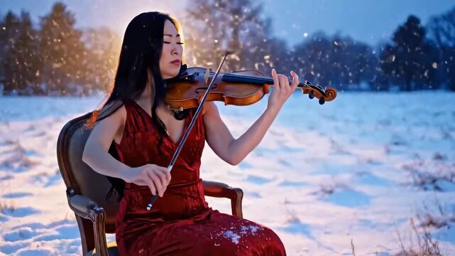 Violinist playing violin in the middle of the field in a snow. Dramatic classic music performance.