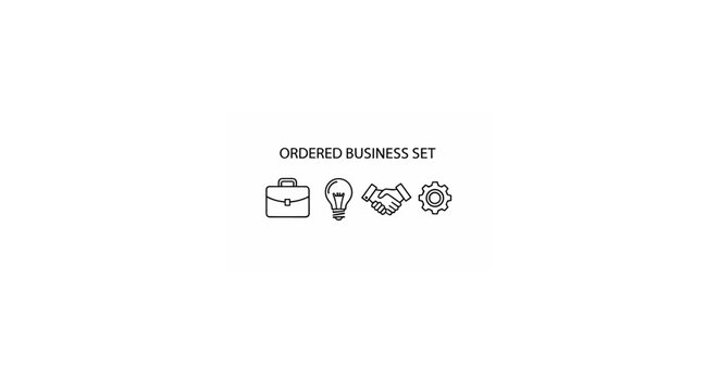 A clean, minimalist vector graphic set featuring four essential business icons: a briefcase, a lightbulb representing ideas, a handshake symbolizing partnership, and a gear indicating process or