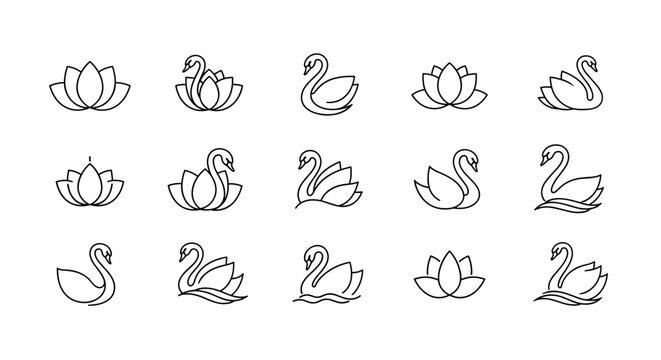 Elegant white line art icons of swans and lotus flowers on a black background, symbolizing grace, purity, and tranquility. This collection features various stylized designs of swans in profile and