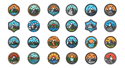 Collection of 24 flat design vector badges and icons featuring stylized mountain ranges, pine trees, lakes, and sunrises, perfect for outdoor adventure, travel, and nature-themed branding and design