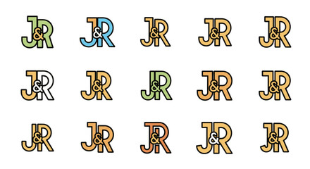 A collection of fifteen distinct "JR" monogram logos, each featuring the letters J and R intertwined with an ampersand, presented in a variety of vibrant and contrasting color palettes against a