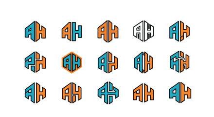 Collection of abstract hexagonal logos featuring the letters 'AH' in vibrant blue and orange color palettes, showcasing modern geometric design and versatile branding elements for business and
