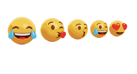 A vibrant collection of five 3D rendered emojis, each expressing a distinct emotion: extreme joy with tears, a loving kiss with a heart, a playful wink, a tearful smile, and adoration with
