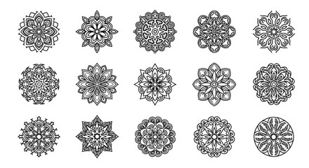 Collection of 15 intricate white mandala designs on a black background, featuring symmetrical floral patterns and detailed linework, perfect for graphic resources, spiritual, and decorative purposes.