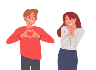 Man showing love sign to woman. Romantic guy with heart gesture, happy smiling couple positive body language flat vector illustration. Characters in love
