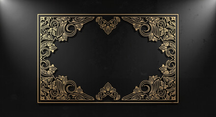 Ornate gold frame with decorative Art deco elements on black backdrop for wedding invitation