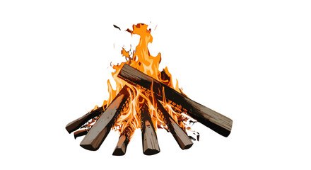 A vibrant and dynamic campfire burns brightly against a stark black background, with glowing embers and dancing orange flames illuminating the stacked logs, creating a sense of warmth and primal