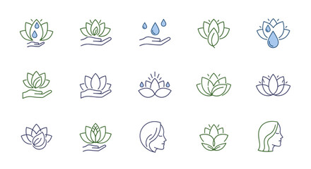 Collection of stylized lotus flower icons and symbols, representing beauty, wellness, and nature, with elements like water drops and human hands, perfect for spa, yoga, and meditation branding, set